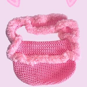 Pink crochet Handbag with Fluffy Trim